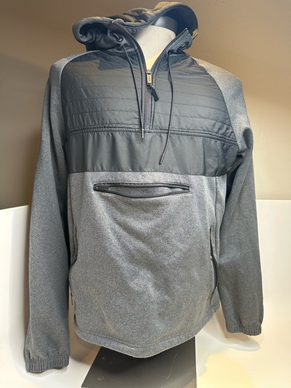Men's Grey Hooded Pullover Jacket with Quilted Chest Panel